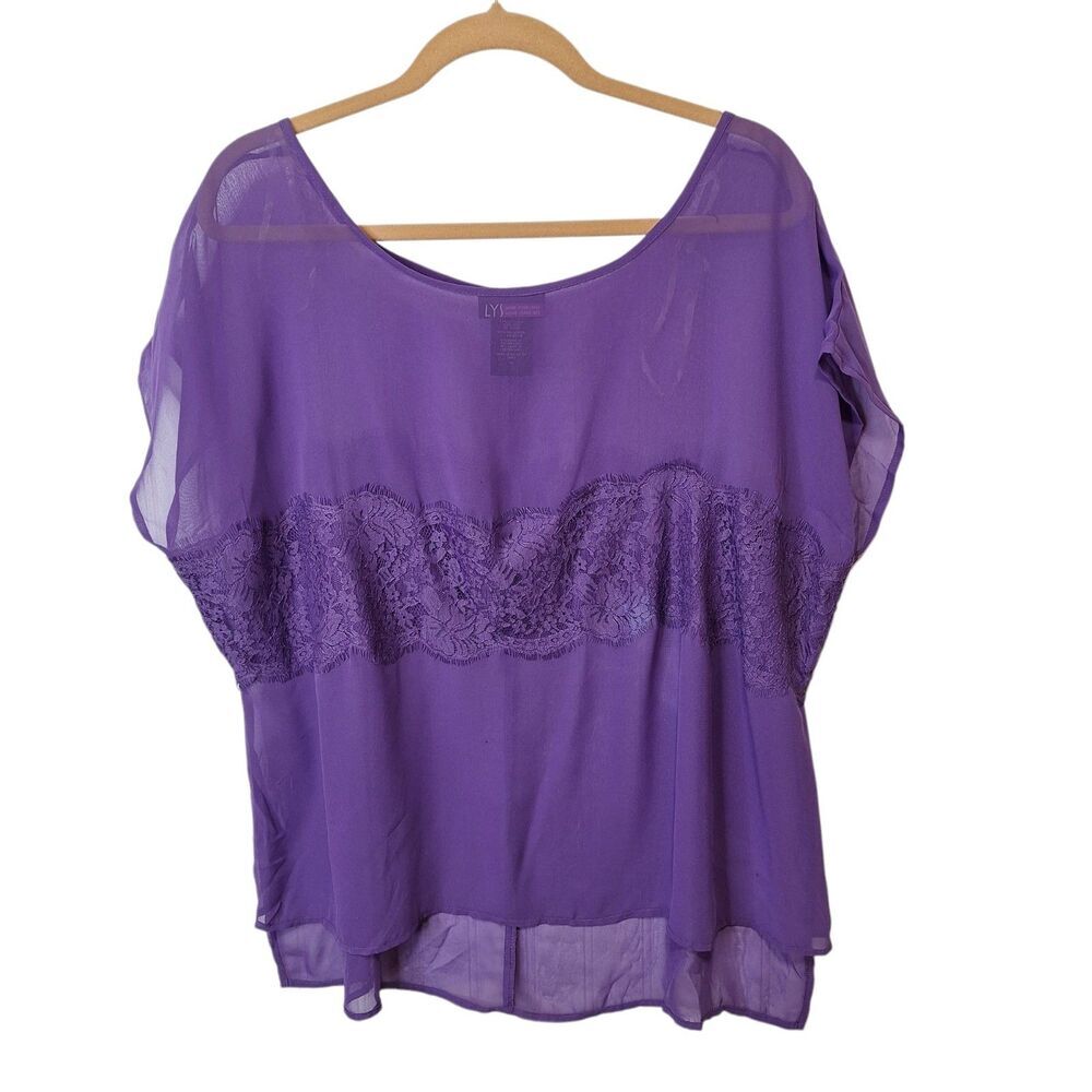 LYS Love Your Style Love Your Size Purple Sheer Chiffon Top Size 1X Lace Panel‎
